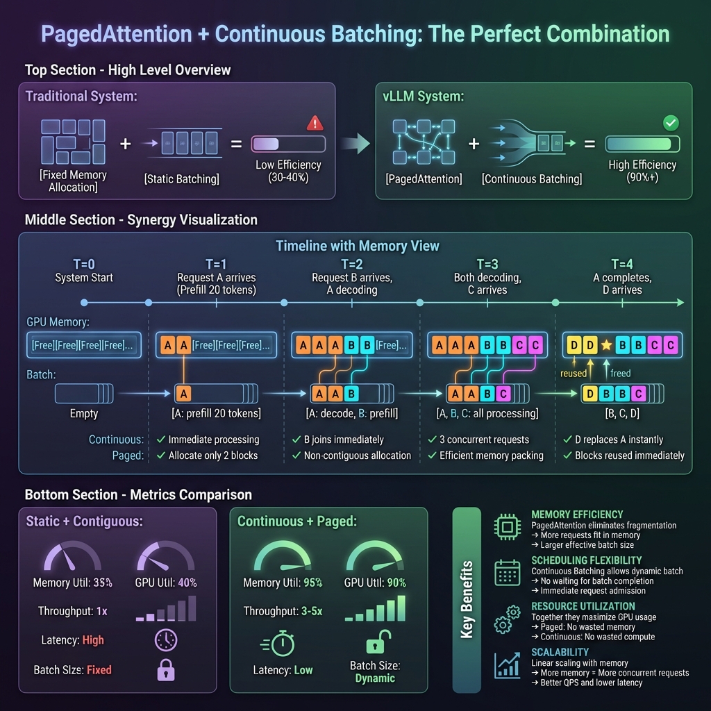 PagedAttention + Continuous Batching 协同